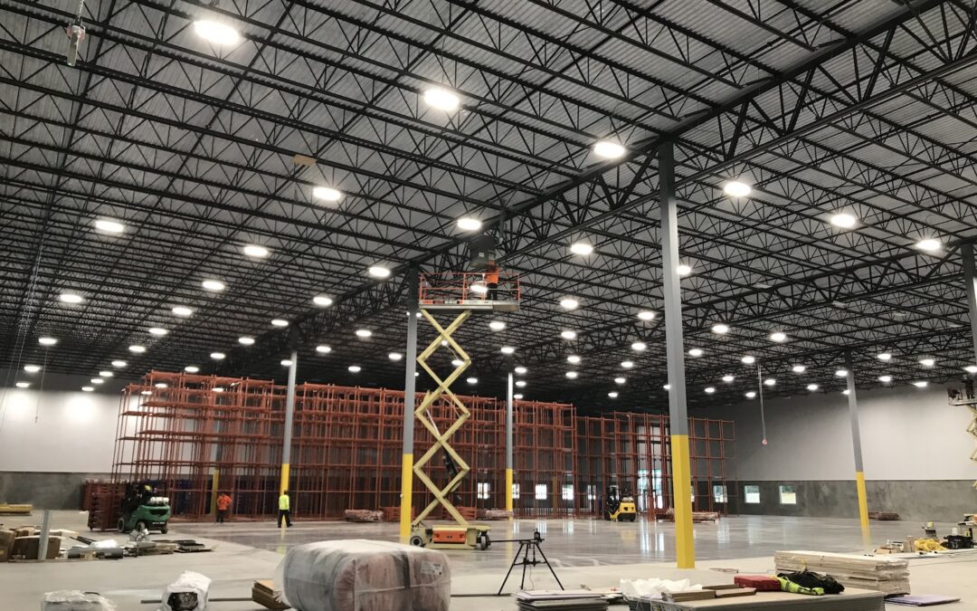 LED high bay fixtures in a newly constructed warehouse